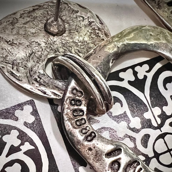Vintage handmade earrings. Large Unique Dangle Earrings Silver Hammered Design - Picture 5 of 13